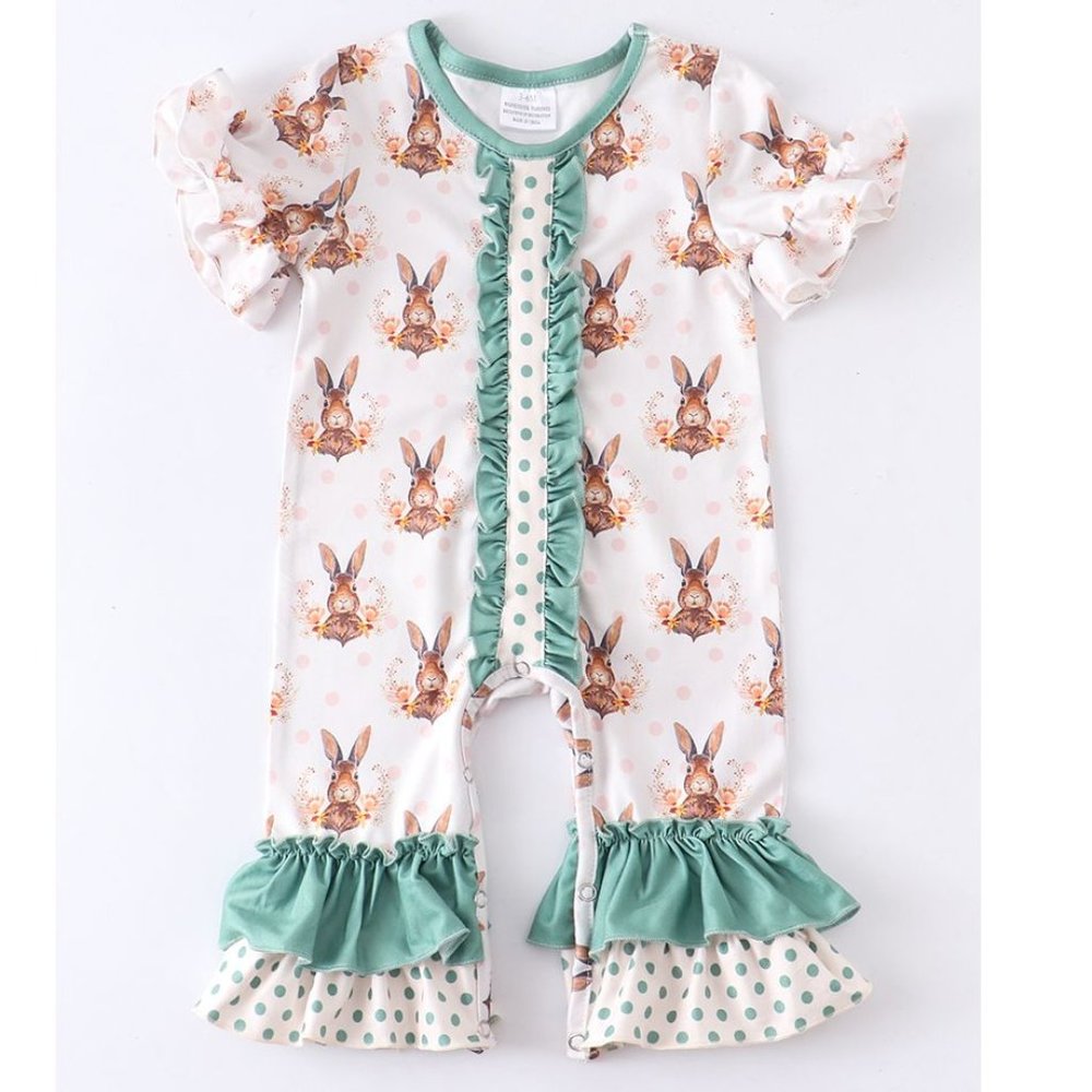 Kids Bunny Print Ruffle One-Piece Romper in Mint and White